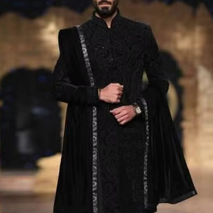 2025 @ Sherwani de brocart noir élégant personnalisé pour homme, pantalon et étole avec perle de verre en cristal ornée, Dabka, Zari Work - Product Image 1