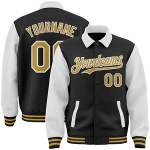 Custom Black Old Gold-White Bomber Full-Snap Varsity Letterman Dos Tonos Solapa Collar Byron Chaqueta - Product Image 1