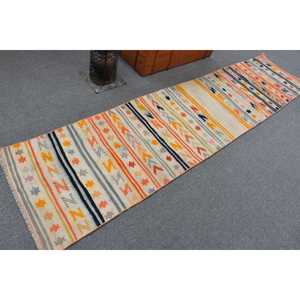 Alfombra Turca, Alfombra de Pasillo de 2.4x10.1 pies, Alfombra de Lana Kilim Naranja y Blanca - Product Image 2