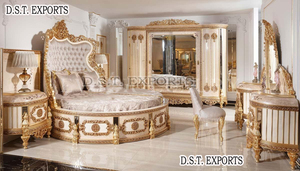 Lit Queen Size Doré Style Français avec Table de Chevet, Meubles de Chambre de Luxe Personnalisés de Haute Qualité, Style Baroque Feuille d'Or, Vente USA - Product Image 3