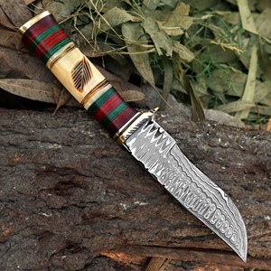 Couteau de chasse fait à la main en acier damas autre manche gaine en cuir OEM fournisseur en gros Clip Point forme de lame bord plat - Product Image 3