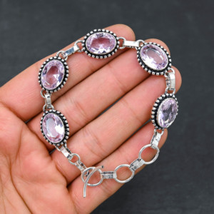 Piedra preciosa de kunzita Rosa creada en laboratorio, pulsera de estilo de cadena hecha a mano chapada en plata 925, regalo de joyería fina de diseñador - Product Image 5
