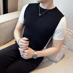 Pull hommes coréen vêtements de luxe Patchwork couleur à manches courtes tricoté hommes chandails Slim Fit pulls décontractés - Product Image 5