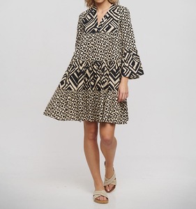 Magnifique robe courte tunique à manches longues, style bohème, col en V, motif paisley, pompon, en noir et beige, taille unique (100% coton) - Product Image 2