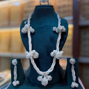 Luxury Silver Finish Designer Rope Necklace <b>Set</b> with Floral <b>Beads</b> & Matching Earrings 63165 - Product Image 1