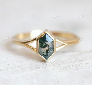 14k Yellow Gold Wedding Jewelry Hexagon Cut Moss Agate Engagement Ring Split Shank Bezel Set Ring Supplier Jewelry