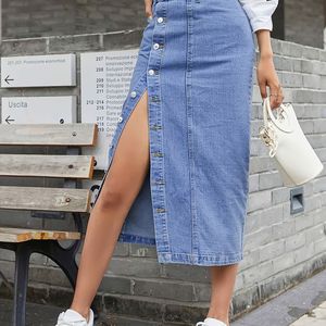 Falda midi vaquera de cintura alta para mujer, color liso, con botones frontales, abertura, estilo lápiz, casual, de algodón lavado a la piedra, estilo primavera - Product Image 1