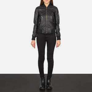 Blouson bomber Ava Ma-1 à col montant en cuir noir pour l'automne - Product Image 3