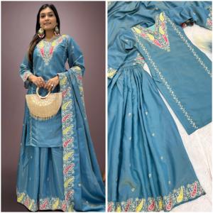 Élégant ensemble 3 pièces Eid Kurti fantaisie avec palazzo et Dupatta tissu scintillant romain pur et broderie exquise - Product Image 4