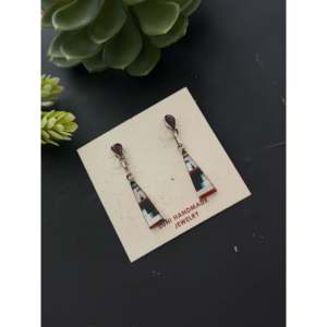 Boucles d'oreilles pendantes géométriques Zuni faites à la main en argent sterling et pierres multiples, idéales pour un cadeau - Product Image 4