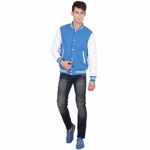 Customized Windproof Quick Dry Breathable Winter Varsity <b>Jackets</b> for <b>Men</b> Slim Fit <b>White</b> Sleeves Design Light Blue Color Best - Product Image 6