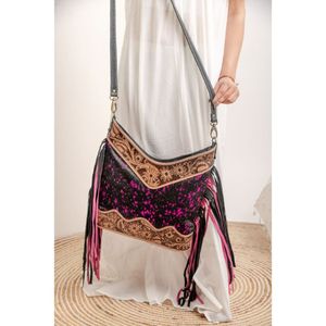 LW Venta caliente pelo en metálico occidental mano Tooled cuero bandolera flecos bolso personalizado cuero de vaca genuino monedero para mujer - Product Image 3