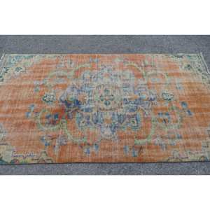 Alfombra turca Vintage de 4 'X 7', naranja, azul, tejido plano, Alfombra de lana, respaldo de látex, patrón de retazos, decoración de sala de estar para adolescentes - Product Image 3