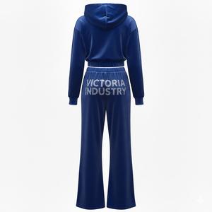 Ensemble de survêtement en velours éco-responsable pour femmes, taille plus, sweat-shirt ample, pantalon évasé, poche arrière avec logo, sweat-shirt long, costume en velours - Product Image 2