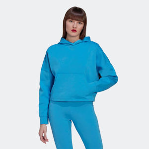 Sweat-shirt ample à capuche 66% coton 34% Polyester recyclé, entretoise douce au toucher, poche kangourou, pull-over court bleu pour femmes - Product Image 1