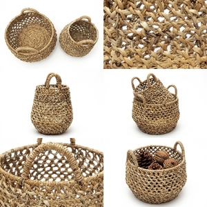 Natural Hand Woven Banana Bark <b>Basket</b> Set Open Web Net <b>Mesh</b> Belly Pot Planter Pure Art Arch Handle Decor Setup Room Design Craft - Product Image 2