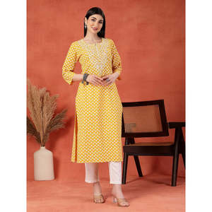 ชุดคุर्ตาผู้หญิงลายดอกไม้ คอวี ผ้าฝ้ายแท้ ระบายอากาศได้ดี ปักลายแบบไม่สมมาตร สไตล์ลำลอง ไซส์ XL ผ้าป๊อปลินผสมไหม - Product Image 5