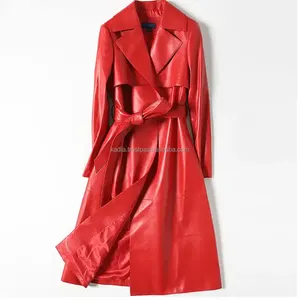 Gabardina de cuero para mujer de alta resistencia, ropa de talla grande para mujer, abrigo largo, chaqueta de cuero genuino de alta calidad