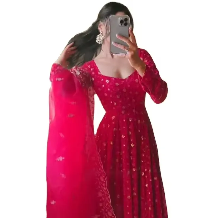 Aantrekkelijke Designer Feestkleding Volledige Lengte Premium Groenblauw Roze Anarkali Jurk Volledig Gestikt