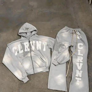 Custom 100% Cotton Fleece Distressed Embroidery <b>Applique</b> Tracksuits Men Sun Fade Acid Wash Oversized Pullover Eco-Friendly High - Product Image 1