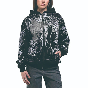 High Quality Women Full Printed <b>Zip</b> up <b>Hoodie</b> Oversized Vintage Sweatshirt Rhinestone <b>Black</b> <b>Zip</b> Women Hoodies - Product Image 1