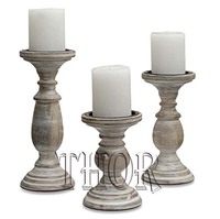 Lot de 3 bougeoirs pilier en bois de manguier lavé blanc Style tourné pièce centrale de table sculptée à la main autres bocaux à bougies lanternes
