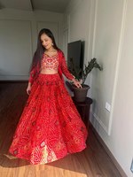 Robe Lehenga Chaniya Choli Gujarati Trend Motif Jecke Rouge Rayonne Pure et Modal Style Bollywood Indien Traditionnel