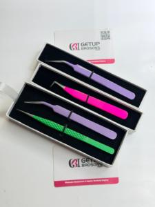 Pince à épiler professionnelle en acier inoxydable pour extensions de cils, avec revêtement en poudre rose, violet et vert, pour volume et isolation - Product Image 5