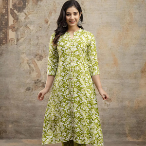 Ensemble Kurta imprimé à la main de haute qualité pour femmes vêtements de mariage à l'Inde Readymade Silk Kurta avec broderie - Product Image 1