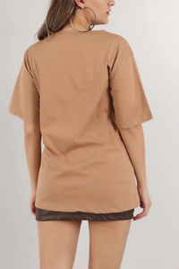 Camiseta de Manga Corta con Cuello Redondo para Mujer, Color Camel, Corte Regular, Color Sólido, Transpirable, Tejida, Estilo Casual de Primavera/Verano - Product Image 5