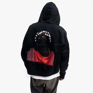 เสื้อฮู้ดดี้พิมพ์ลายโลโก้แบบกำหนดเอง ประดับด้วยคริสตัล เป็นมิตรกับสิ่งแวดล้อม สไตล์วินเทจ ทรงปกติ เนื้อผ้าหนา เสื้อผ้าผู้ชาย - Product Image 2