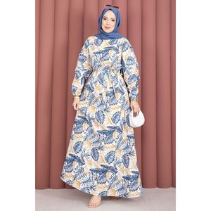 Indigo Palm Pattern Gathered Waist <b>Dress</b> <b>Custom</b> Designed Casual Hippie Style Breathable Knee-Length Size 2XL for Everyday Use - Product Image 3