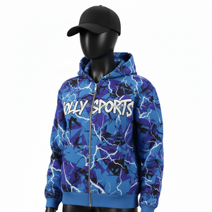 Sweat à capuche zippé pour femme en tissu polaire, imprimé bleu violet éclair, impression par sublimation avec logo personnalisé, vêtements élégants, sweat à capuche zippé basique - Product Image 4