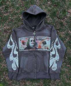 OEM personalizado ácido lavado Zip Hoodie 100% algodón 500GSM Rhinestone & DTG impresión Vintage Streetwear diseño para Otoño e Invierno - Product Image 3