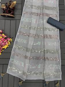 Último indio tradicional exclusivo pesado Georgette bordado impreso Sari Zari secuencia trabajo Sari elegante nupcial boda desgaste - Product Image 3