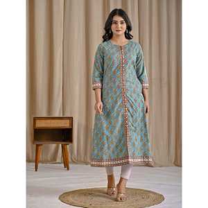 Sea Green Block Printed Aline <b>Kurti</b> Traditional Indian Ethnic Long Cotton <b>Kurti</b> for Daily Wear Parties Floral Stitched Rayon - Product Image 4