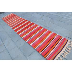 Vintage Rug, 2.6x12.4 ft <b>Runner</b> Rug, <b>Red</b> Orange Kilim Wool Rug - Product Image 2