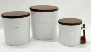 Canisters Set of 3 White for <b>Coffee</b> Tea & Sugar for Food with Wood Lid by KSN - Product Image 3