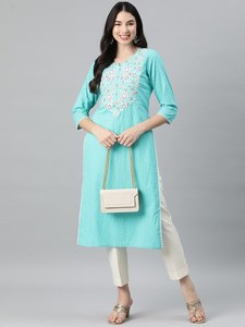 Ensemble Kurta 2 pièces pour femme, longueur genou, manches longues, en coton, avec design floral sur la partie supérieure, orné de paillettes et de broderies élégantes, style ethnique - Product Image 3
