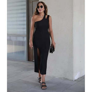 Robe en viscose à deux fils pour femme, sans manches, asymétrique à une épaule avec détail tombant, 35077 - Noir - Product Image 2