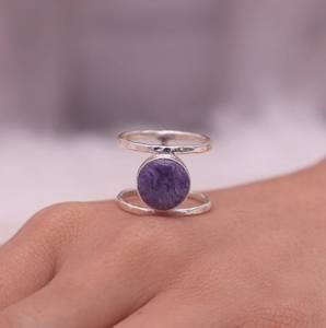 Offre Spéciale bague Double bande pour femme faite à la main véritable Charoite pierre précieuse solide 925 en argent Sterling lunette réglage classique pour les fêtes - Product Image 5