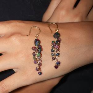 Women's 925 Sterling Silver Yellow <b>Gold</b> <b>Drop</b> <b>Earrings</b> Black Opal Cluster Birthstone Trendy Wedding Anniversary Jewelry Parties - Product Image 3