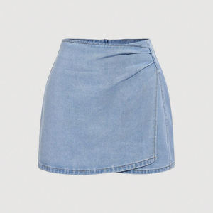 กระโปรงยีนส์สั้นทรงเอ็มไพร์สำหรับผู้หญิง ขายส่ง ราคาสุดคุ้ม ดีไซน์จีบระบาย ระบายอากาศได้ดี สีฟ้าอ่อน - Product Image 1