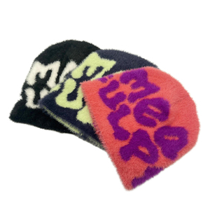 Hot Sell Customized Mohair Beanie Caps Fluffy Knitting <b>Hat</b> Acrylic Knitting Jacquard Faux Mink Beanie Cap With Custom Logo - Product Image 1