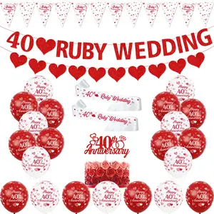 רובי בלוני יום נישואין 40 טבעות לב אדום טבעות עוגת טופר אבנט סאטן לציוד למסיבת יום נישואין 40.