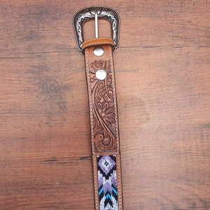 เข็มขัดลูกปัดหนังแท้ลายดอกไม้ตะวันตกพร้อมหนังแท้100% หนังวัวแท้แบบสแนปออน - Product Image 3