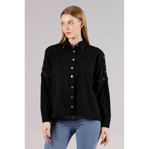 Camisa de Punto Negra para Mujer TOPSHOW, de Algodón y Poliéster, con Elegantes Detalles Metálicos - Paquete al por Mayor en Tallas S-M-L para Minoristas - Product Image 1