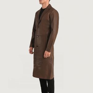 Vêtements d'extérieur en cuir de mouton véritable à manches longues pour hommes avec col rabattu et ceinture longs manteaux d'automne pour hommes - Product Image 2
