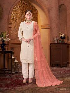 FabZone <b>Women's</b> Vintage-Style Beige Faux Georgette Embroidery Work <b>Kurta</b> Set Designer for All Seasons-for Weddings Other - Product Image 5