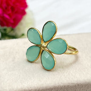 Bague en forme de fleur en or vermeil avec pierre précieuse en calcédoine aqua-Bague de mariage en argent 925 pour vente en gros - Product Image 1